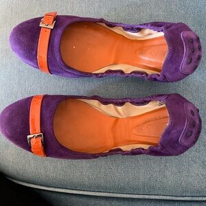 Tod's Purple suede driving Flats with Orange Buckle. Originally $495